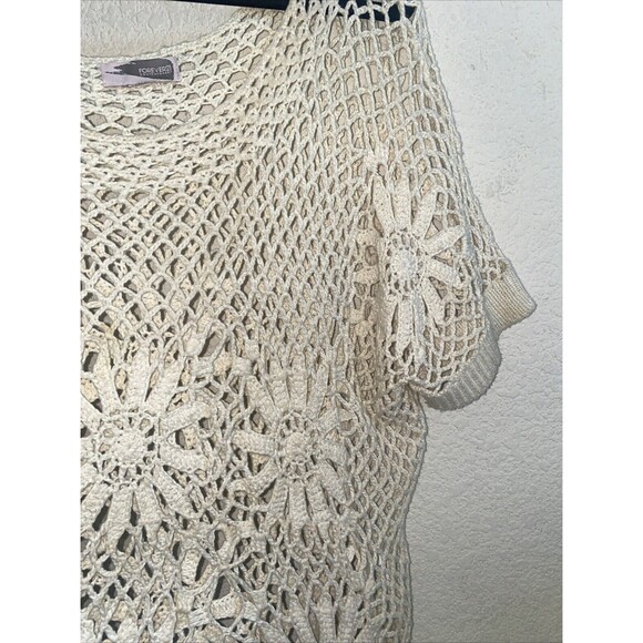 Open Knit Crochet Floral Short Sleeve Boho Shirt Forever 21 Hippie cover up - Picture 5 of 8